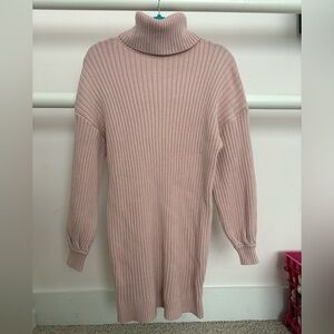 Pink Ribbed Turtleneck Sweater Dress